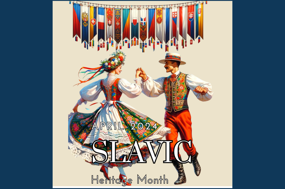 Poster with illustrated couple in Slavic costume dancing